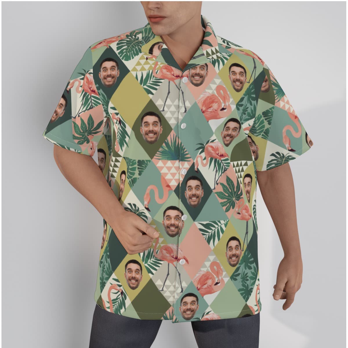 Funny Custom Face Flamingo Green Hawaiian Shirt