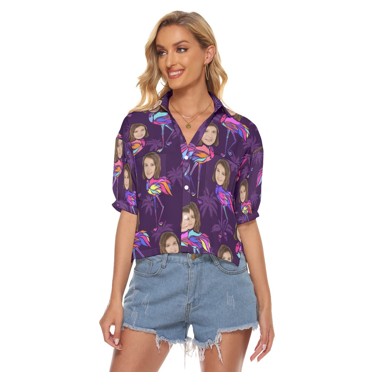 Funny Custom Face Flamingo Women’s Hawaiian Crop Top Shirt (1)