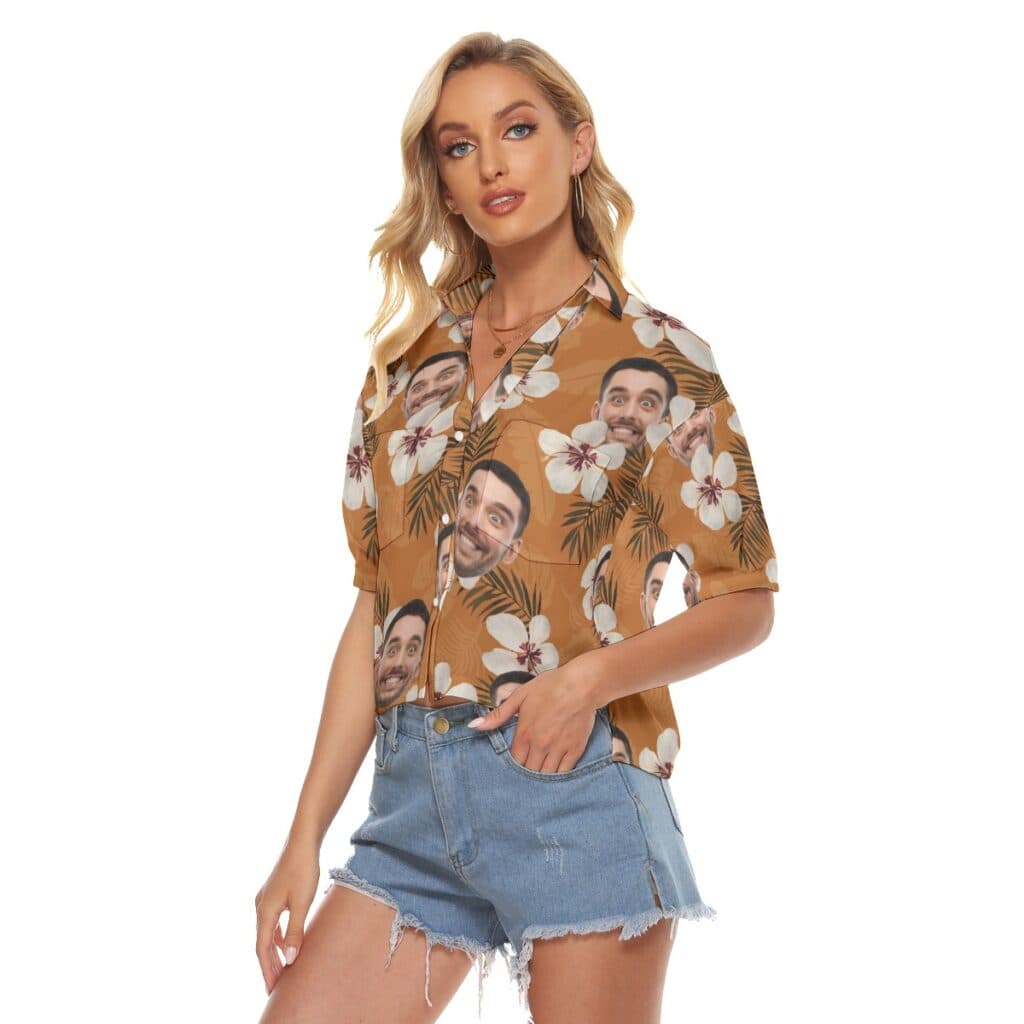 Funny Custom Face Floral Hawaiian Crop Top Shirt For Women