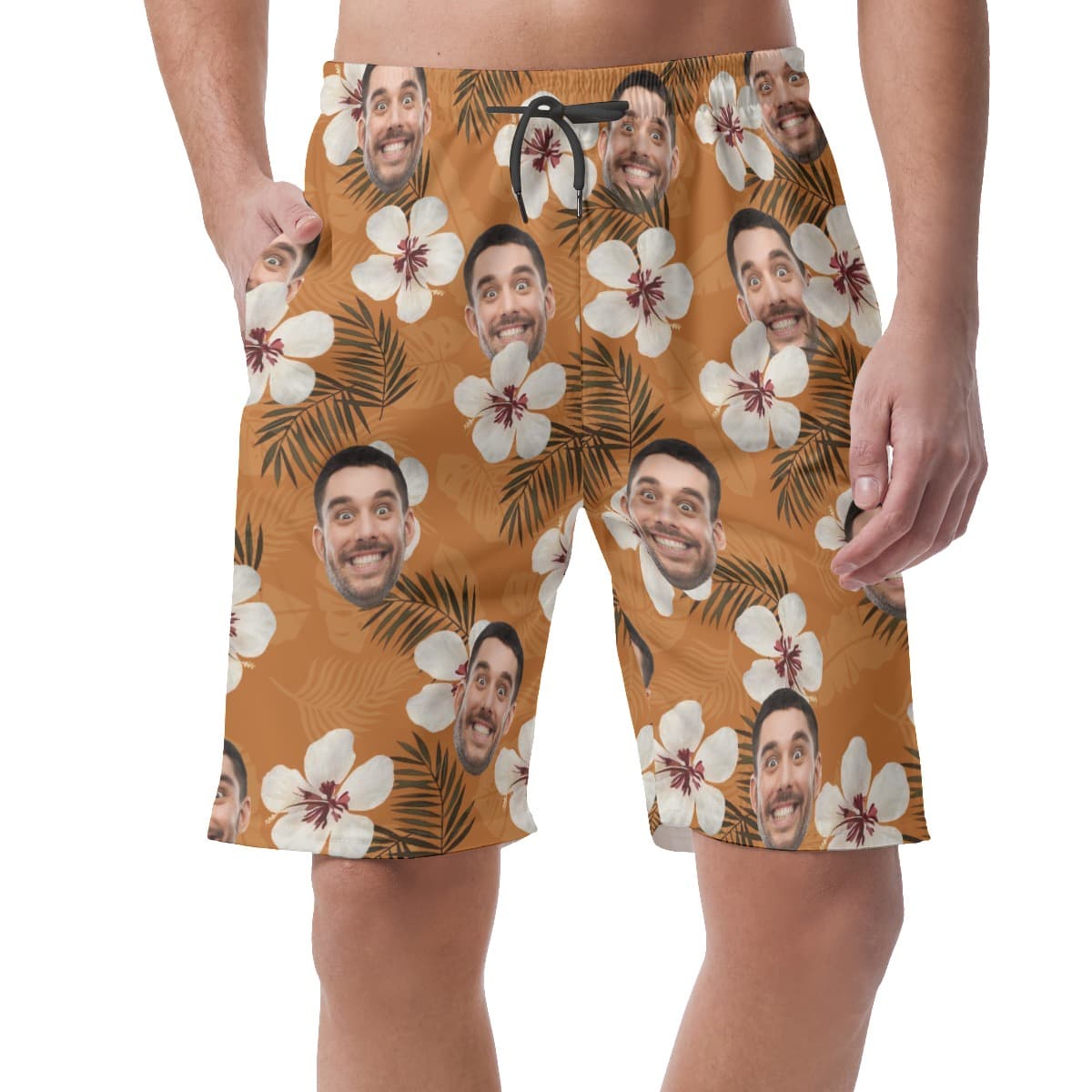Funny Custom Face Floral Orange Hawaiian Beach Shorts For Men