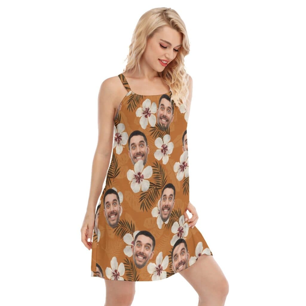 Funny Custom Face Floral Orange Hawaiian Cami Dress For Summer