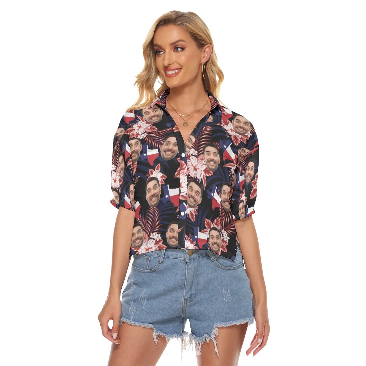Funny Custom Face Floral Texas Hawaiian Crop Top Shirt For Women (4)