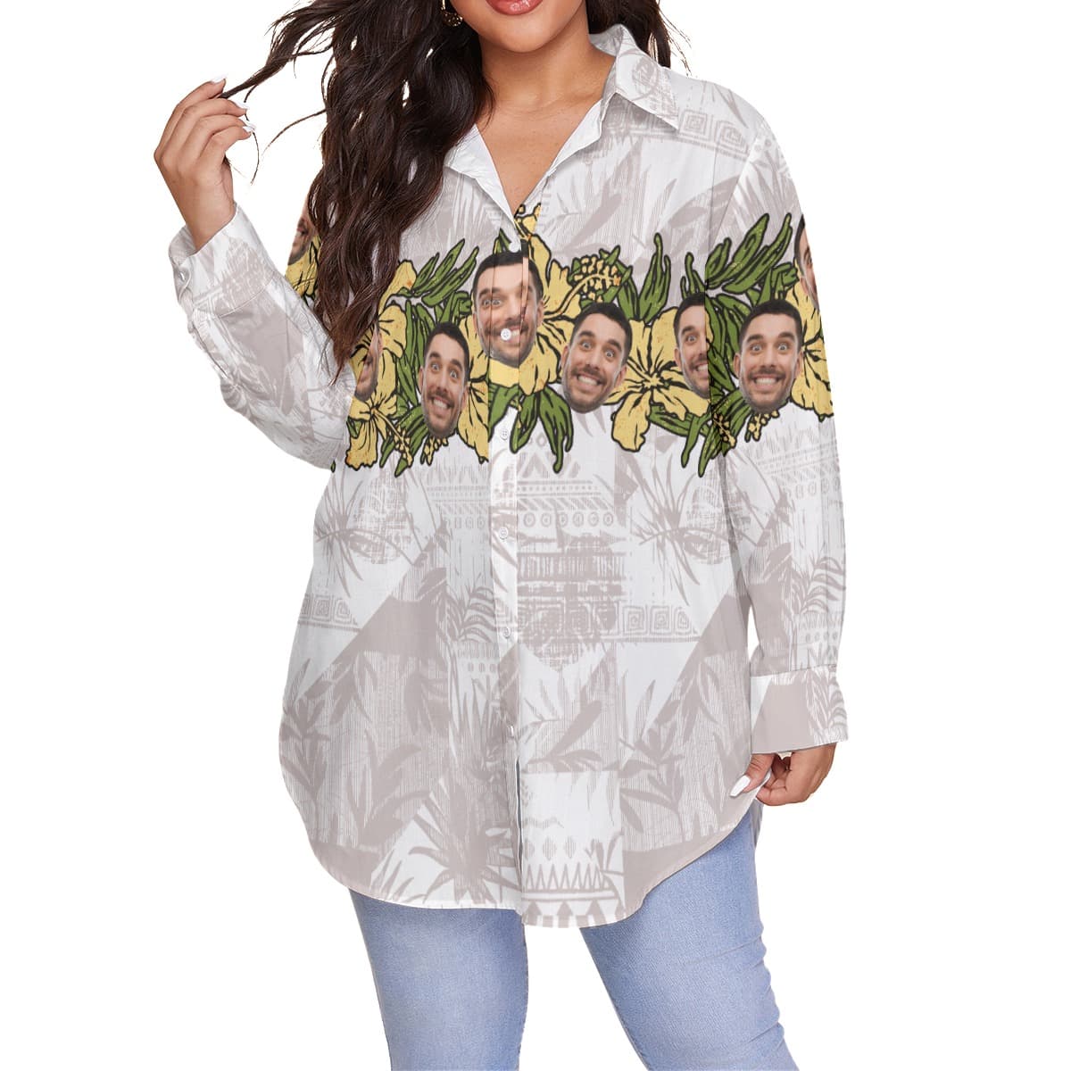 Funny Custom Face Hibicus Vintage Hawaiian Plus Size Shirt For Women (1)