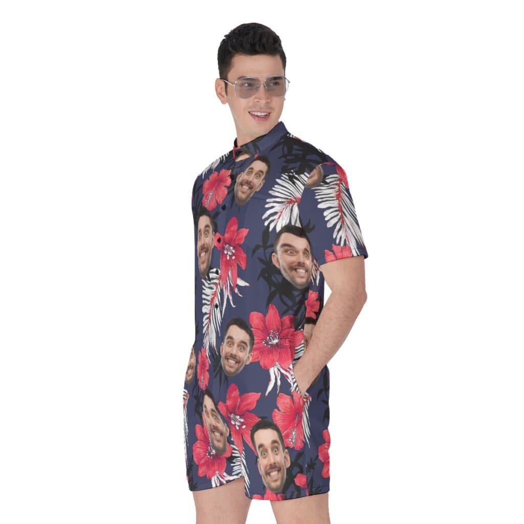 Funny Custom Face Men's Hibicus Hawaiian Romper For Summer
