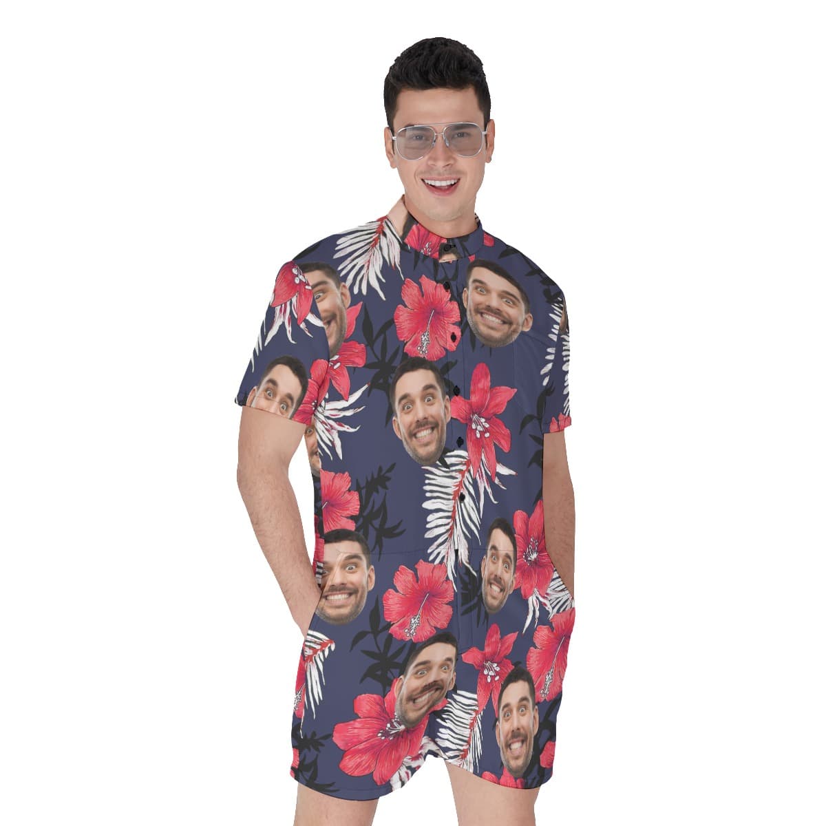Funny Custom Face Men's Hibicus Hawaiian Romper For Summer