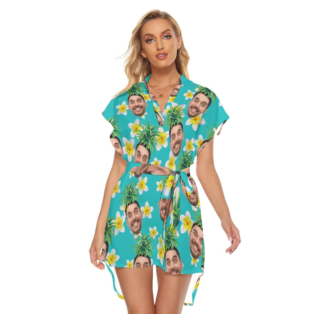 Funny Custom Face Pineapple Hawaiian Dress With Belt For Summer (1)