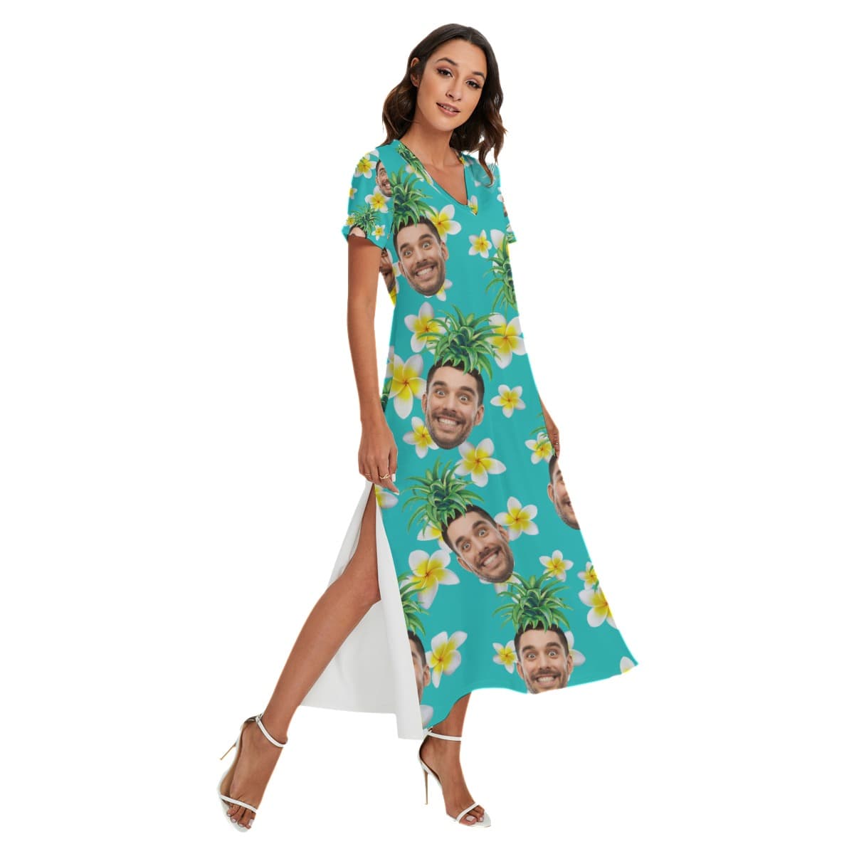 Funny Custom Face Pineapple Hawaiian Dress With Side Slit For Women