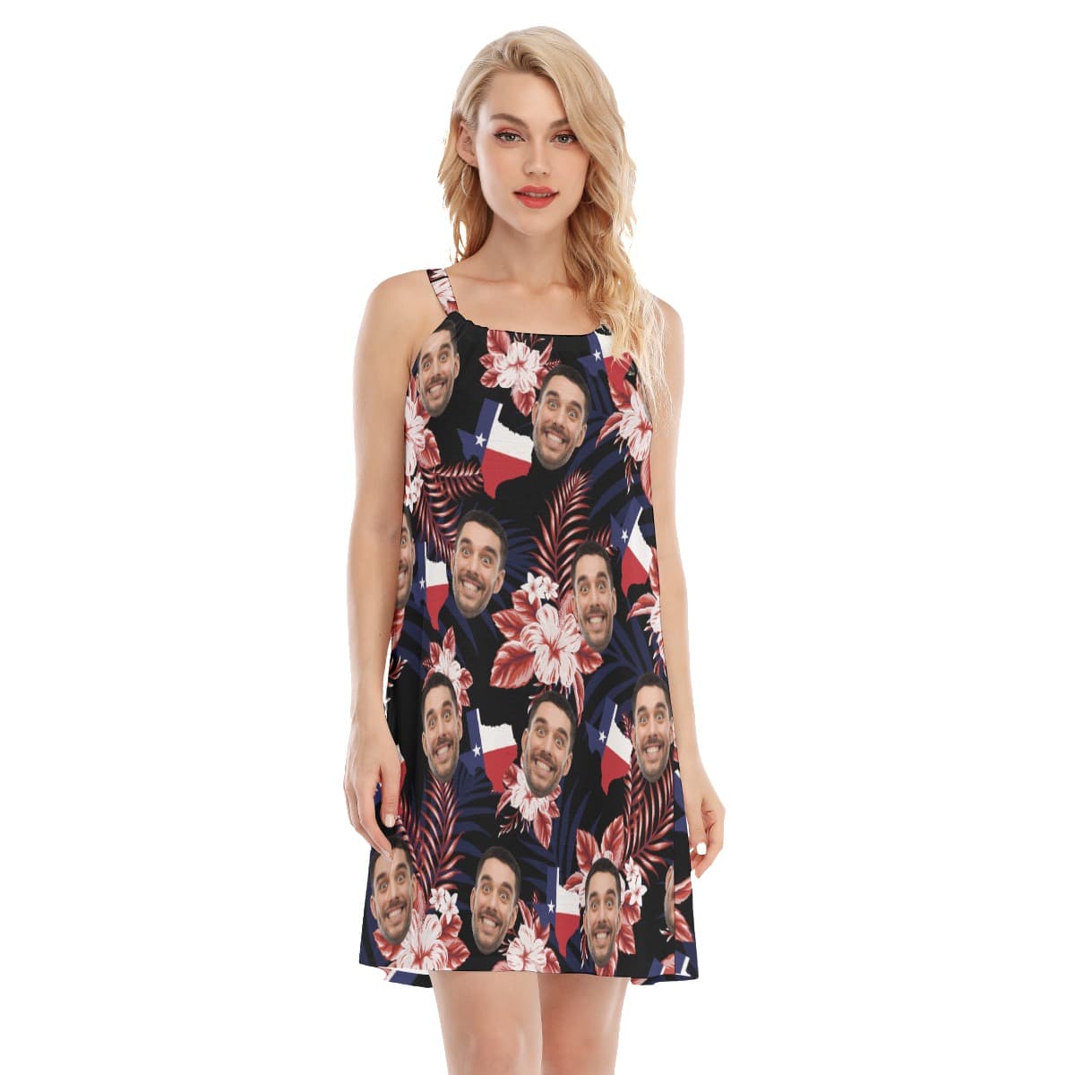 Funny Custom Face Texas Floral Hawaiian Cami Dress For Women (4)