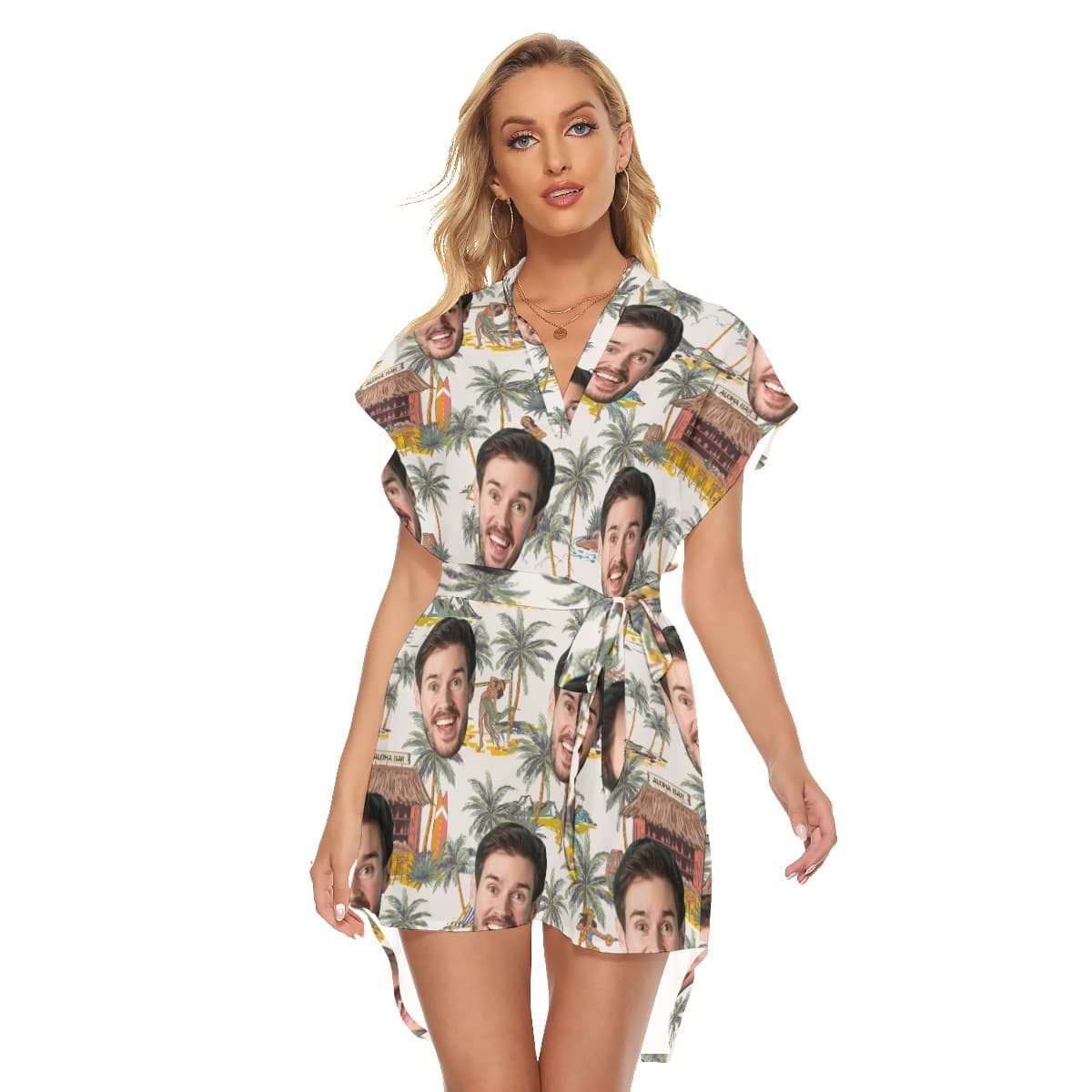 Funny Custom Face Tropical Hula Girl Hawaiian Dress With Belt For Women (1)
