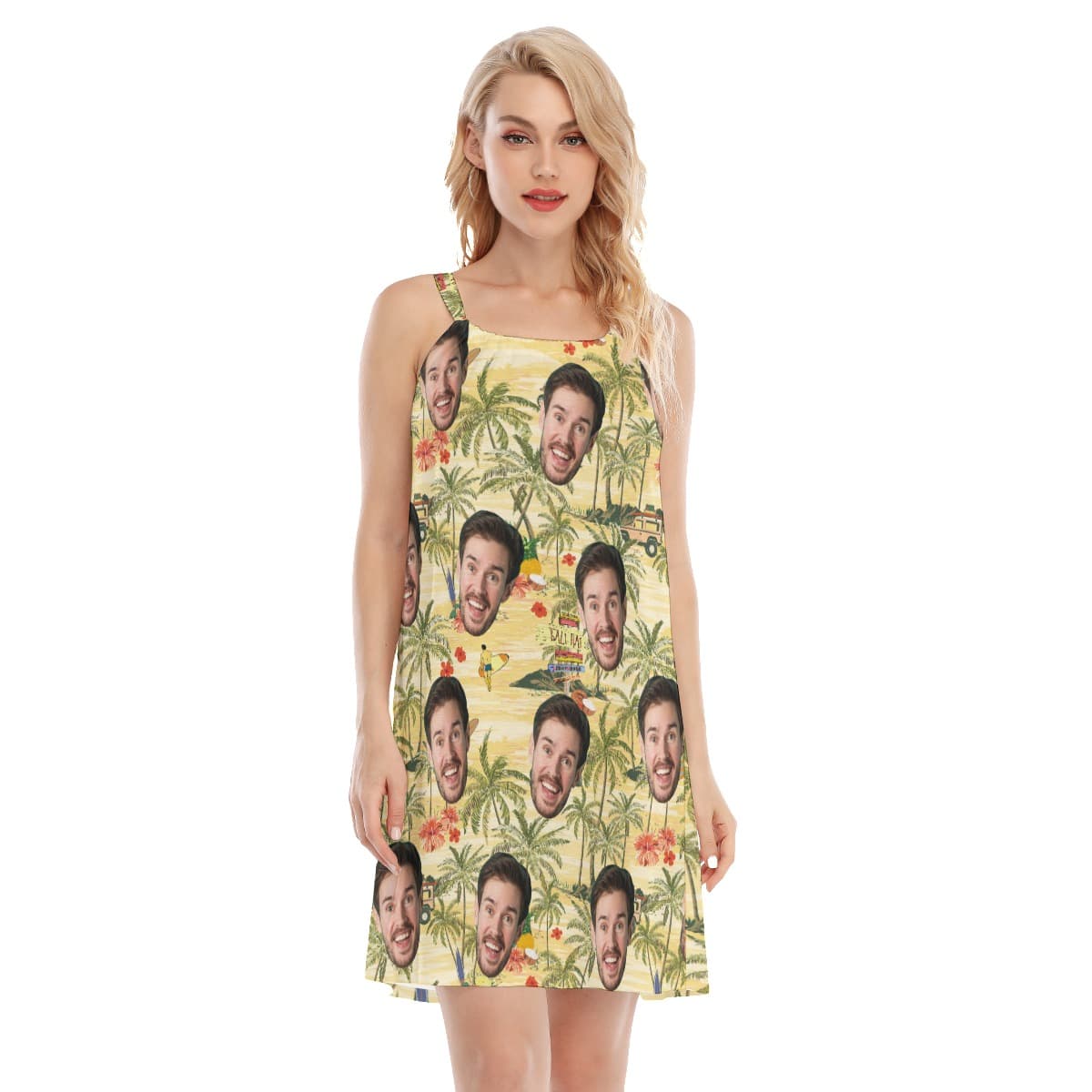 Funny Custom Face Tropical Palm Tree Hawaiian Cami Dress For Women (4)