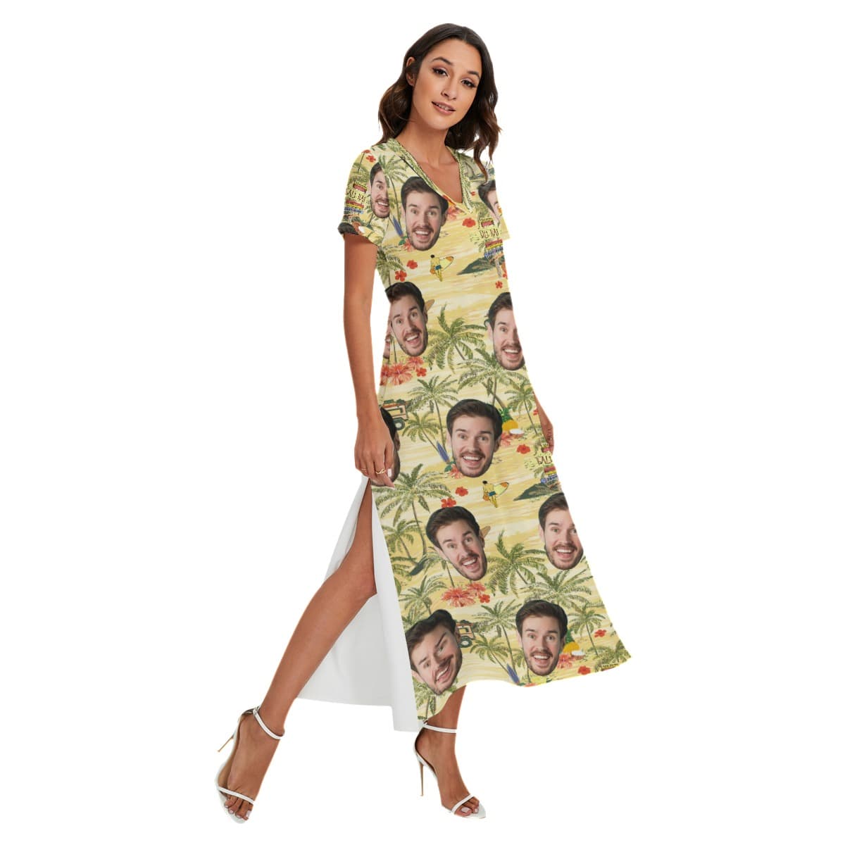 Funny Custom Face Tropical Palm Tree Hawaiian Dress With Side Slit