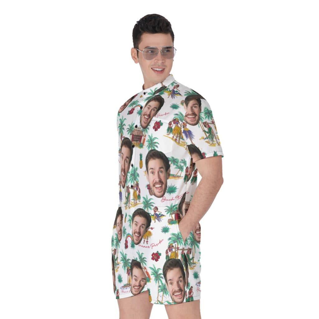 Funny Custom Face Tropical Palm Tree Men's Hawaiian Romper