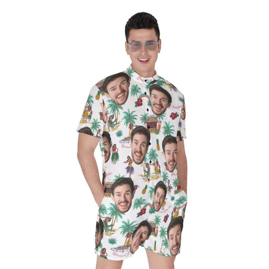 Funny Custom Face Tropical Palm Tree Men's Hawaiian Romper
