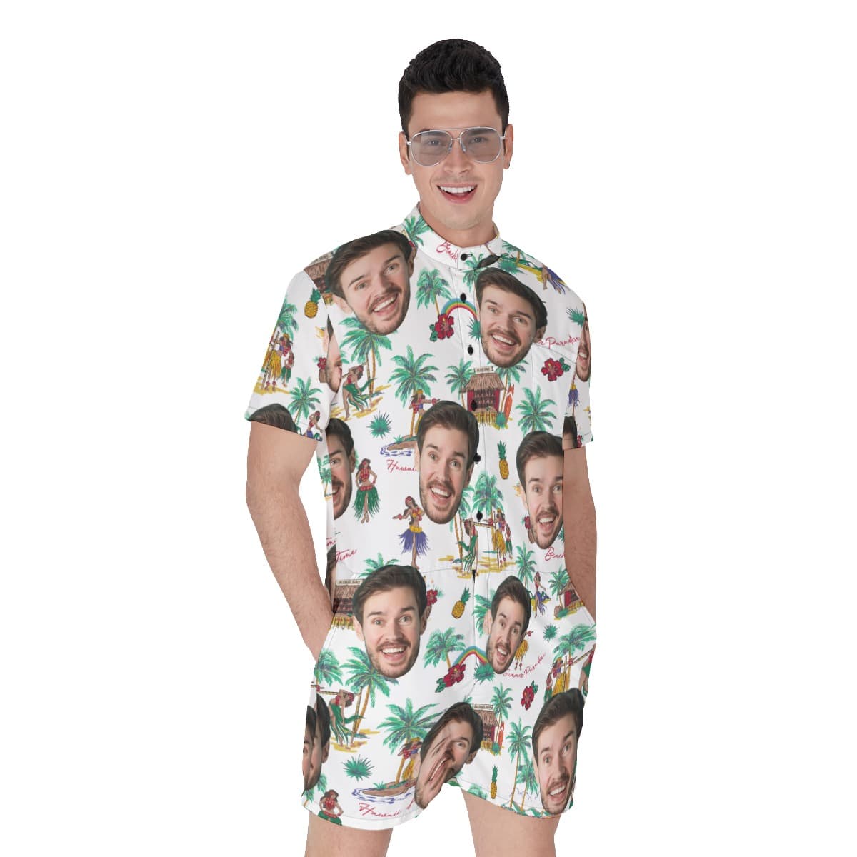Funny Custom Face Tropical Palm Tree Men's Hawaiian Romper