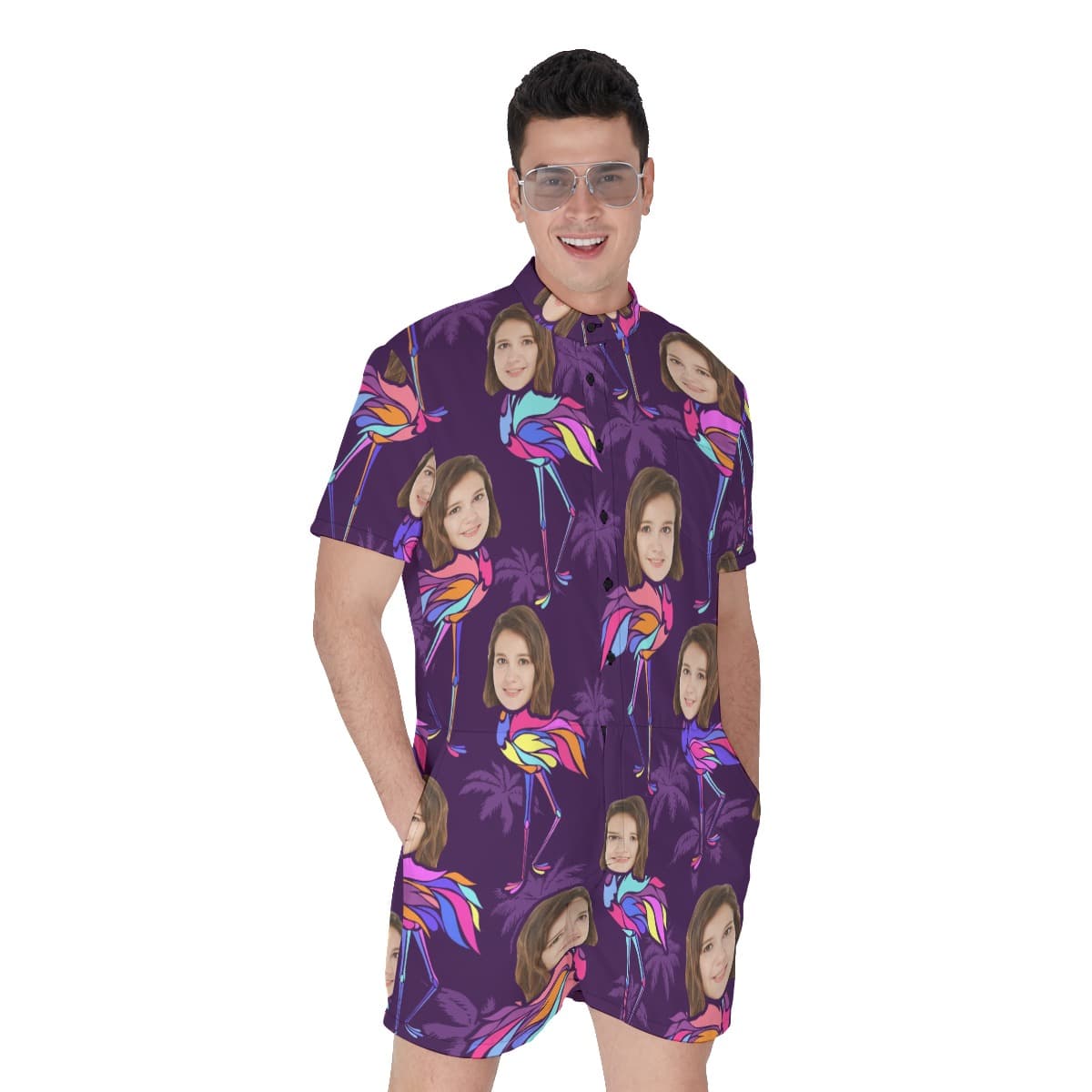 Funny Custom Face With Flamingo Men's Hawaiian Romper
