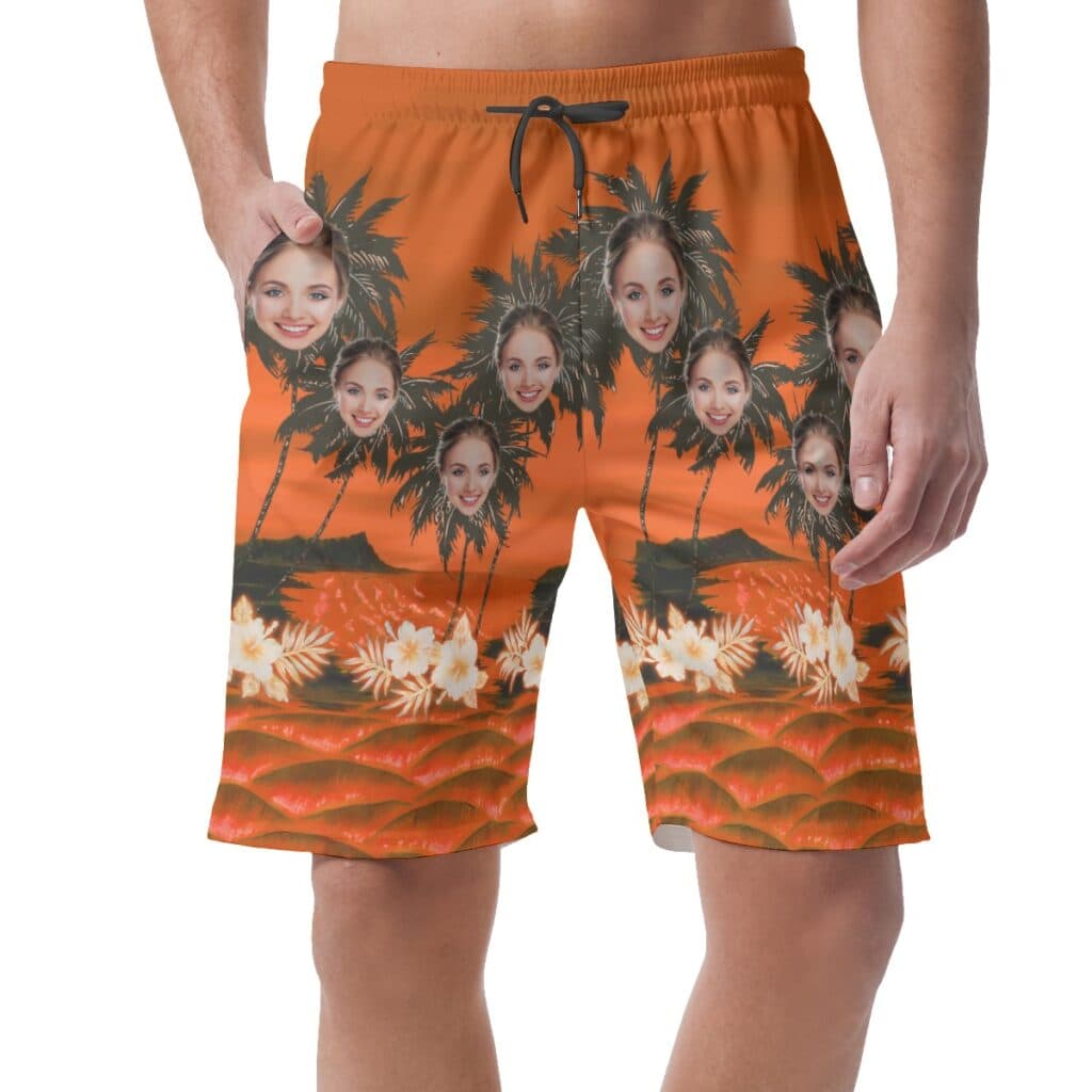 Funny Custom Face With Palm Tree Orange Hawaiian Beach Shorts