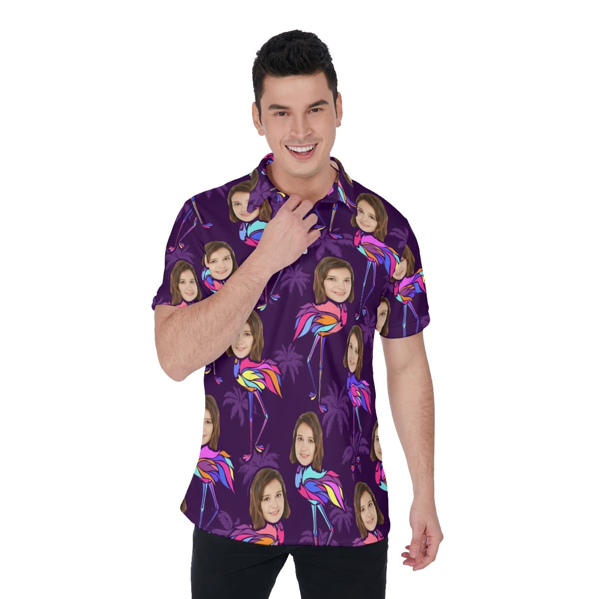 Funny Custom Flamingo Hawaiian Polo Shirt With Face