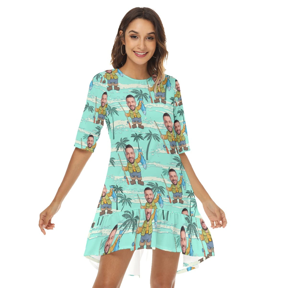 Funny Fishing Custom Face Hawaiian Half Sleeve Dress With Ruffle Hem