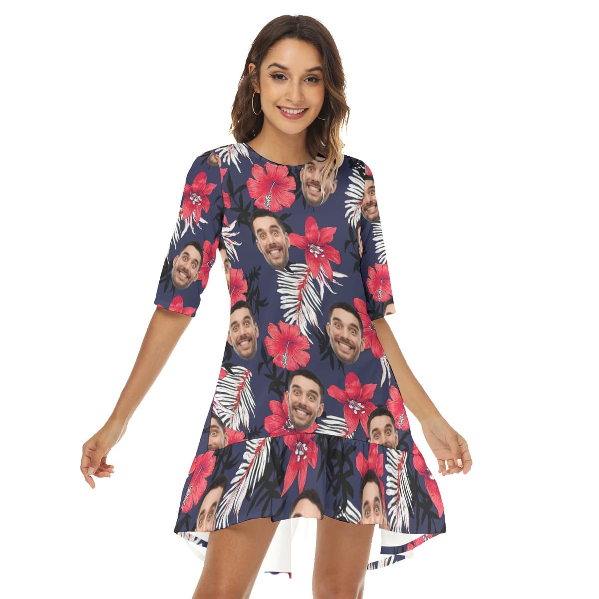 Funny Floral Custom Face Hawaiian Half Sleeve Dress With Ruffle Hem