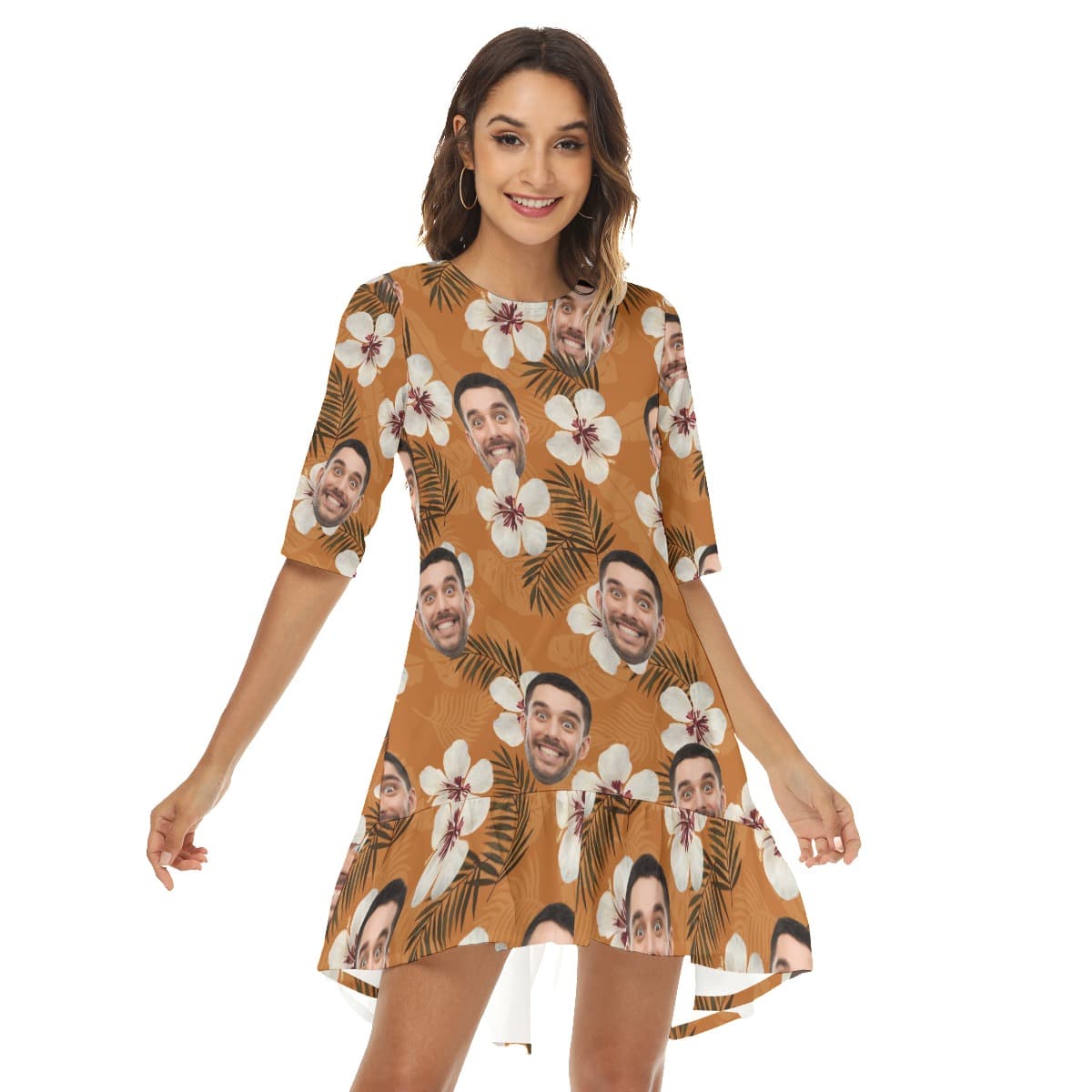 Funny Floral Custom Face Ruffle Hem Hawaiian Dress For Women (1)