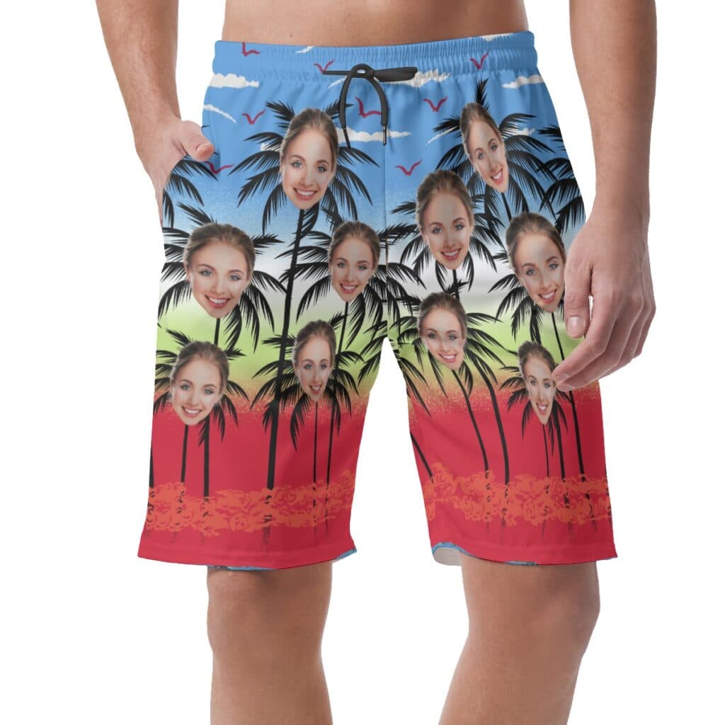 Funny Palm Tree Custom Face Hawaiian Summer Beach Shorts For Men