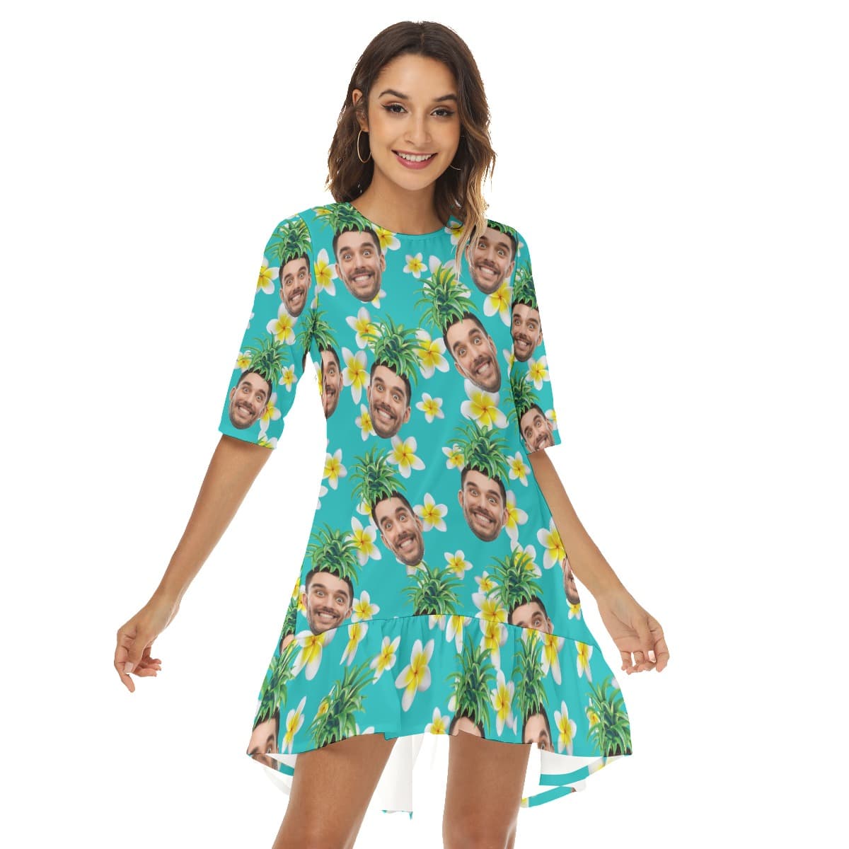 Funny Pineapple Custom Face Hawaiian Half Sleeve Dress With Ruffle Hem