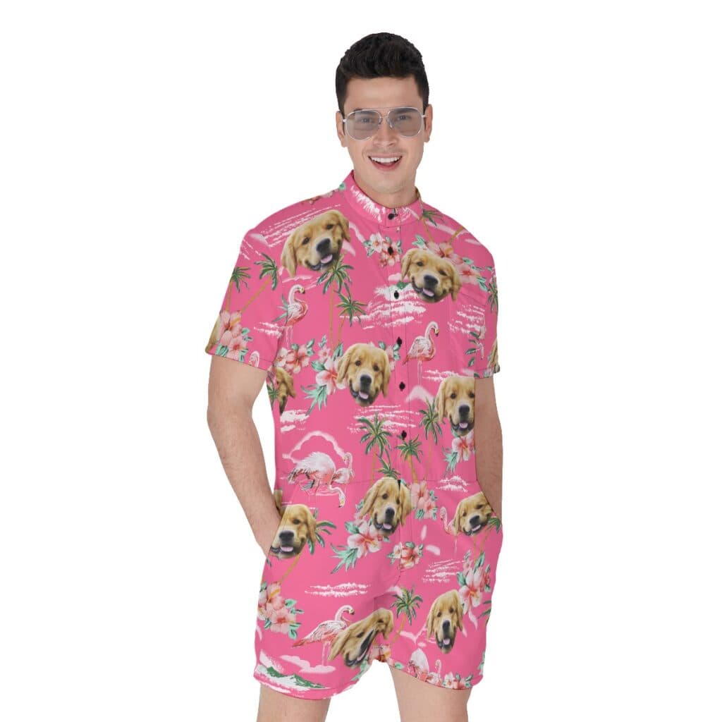 Funny Pink Flamingo Men's Hawaiian Romper With Custom Dog Face (1)
