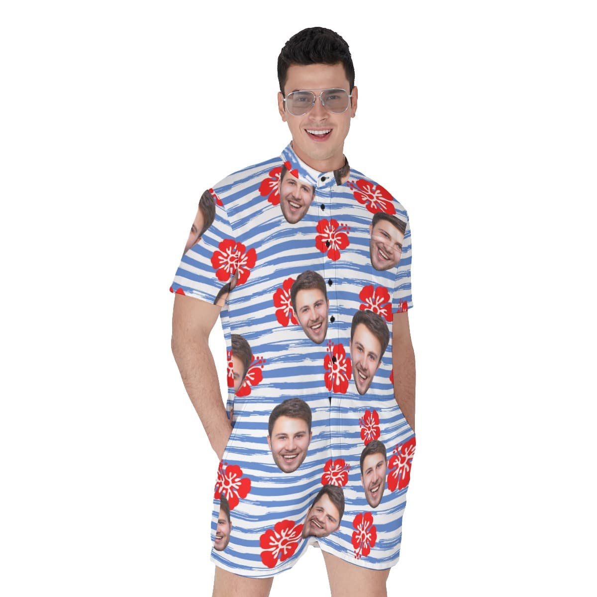 Funny Striped Blue And White Men's Romper With Face (1)