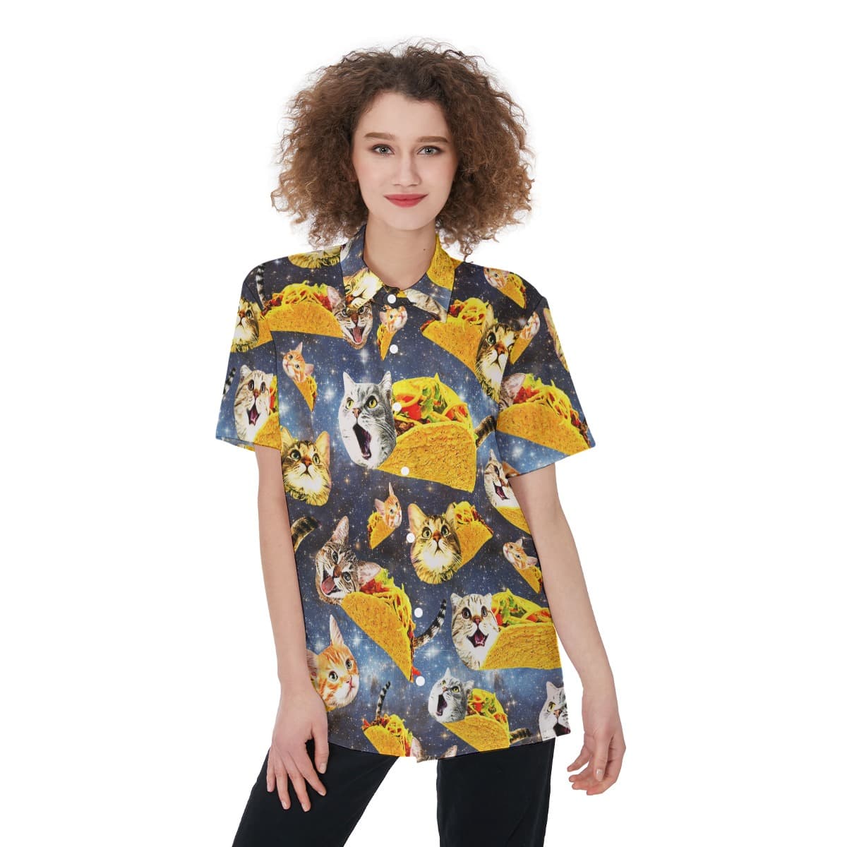 Funny Taco Cat Hawaiian Button Up Shirt For Women