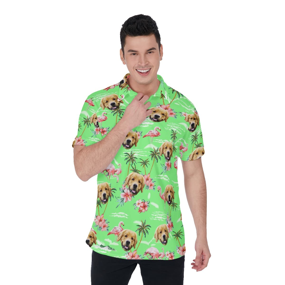 Green Flamingo Custom Dog Face Men's Beach Polo Shirt (1)