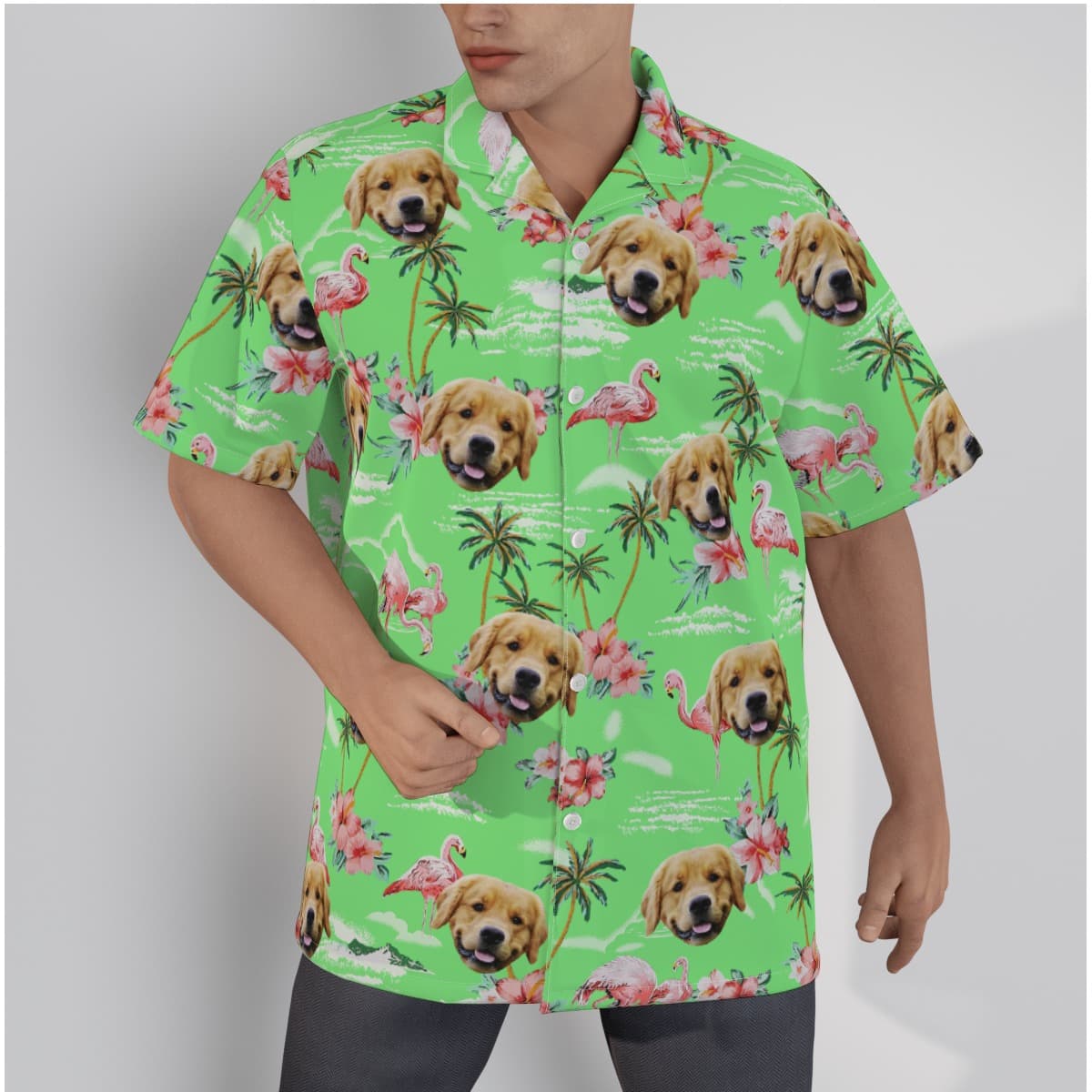 Green Flamingo Men's Button Up Shirt With Dog Face (1)