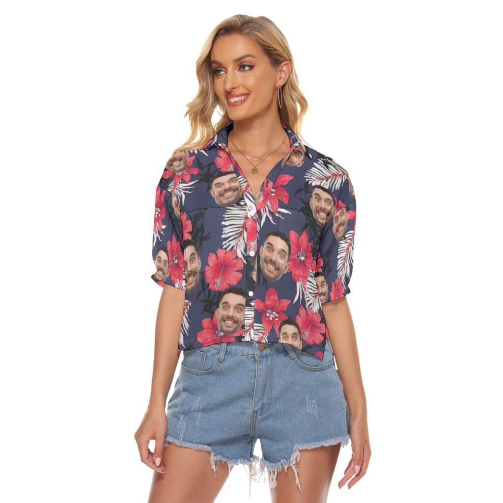 Hibicus Hawaiian Cropped Shirt With Custom Face For Women
