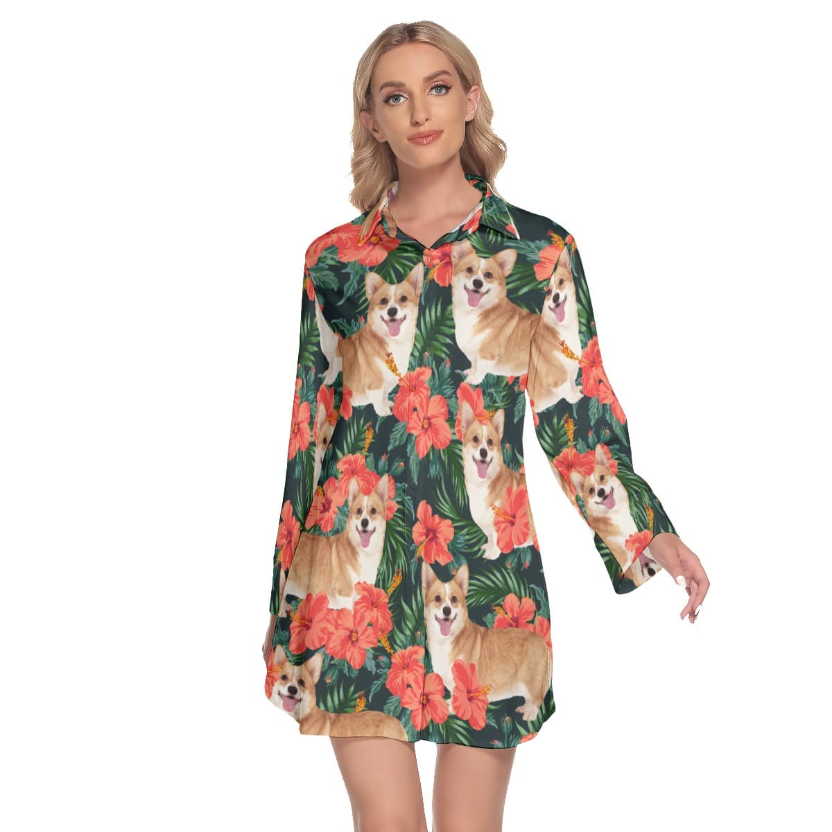 Hibicus Hawaiian Shirt Dress For Women With Custom Dog Face