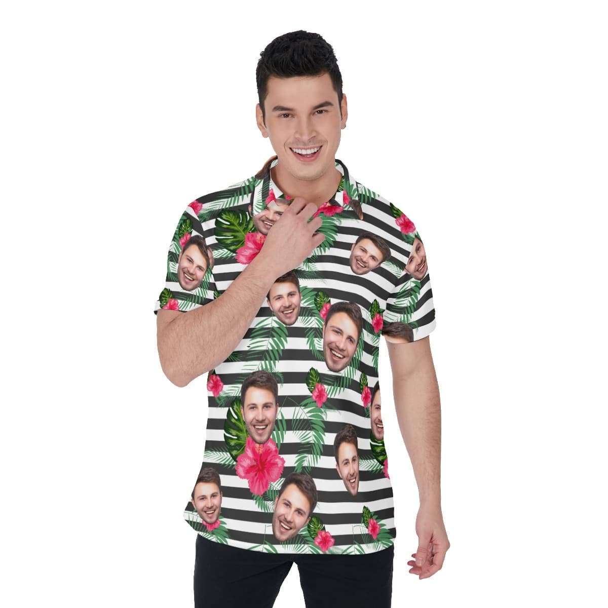 Hibiscus Striped Men's Polo Shirt With Custom Face (1)
