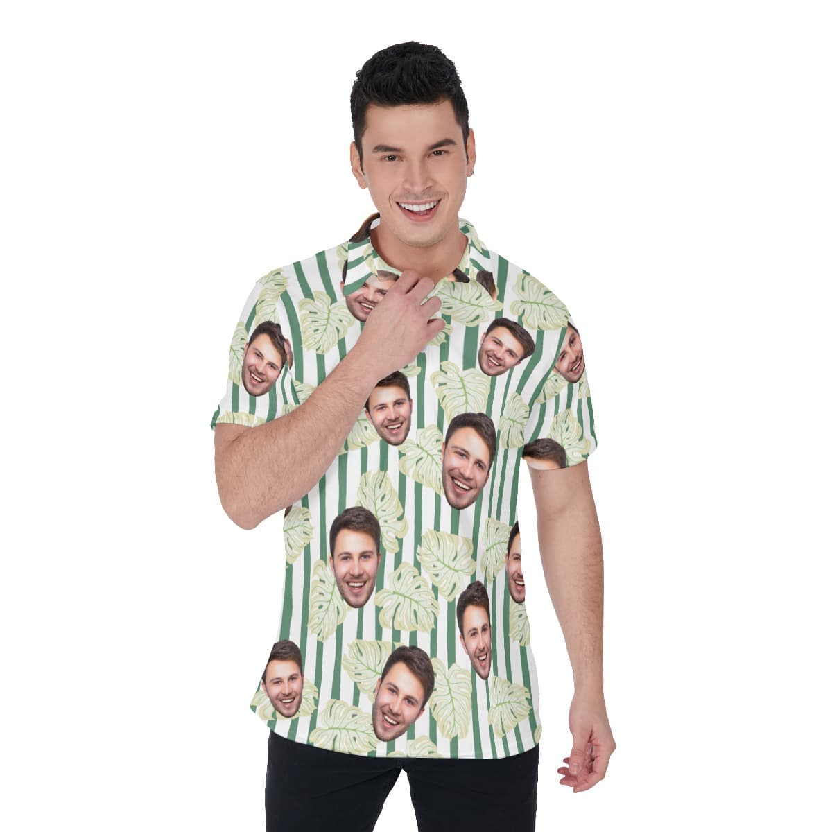 Leaf Green Striped Men's Polo Shirt With Multiple Faces (1)