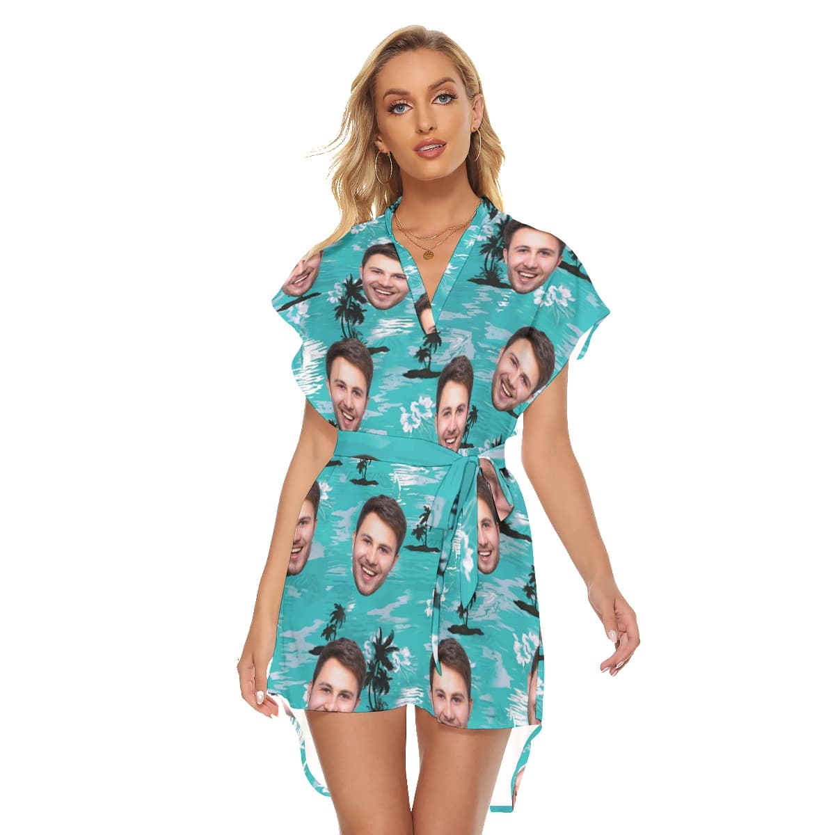 Light Blue Beach Palm Custom Face Hawaiian Dress (1)