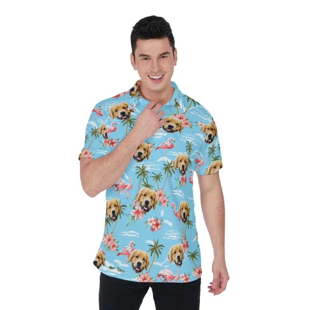 Light Blue Flamingo Beach Polo Shirt With Dog Face (1)