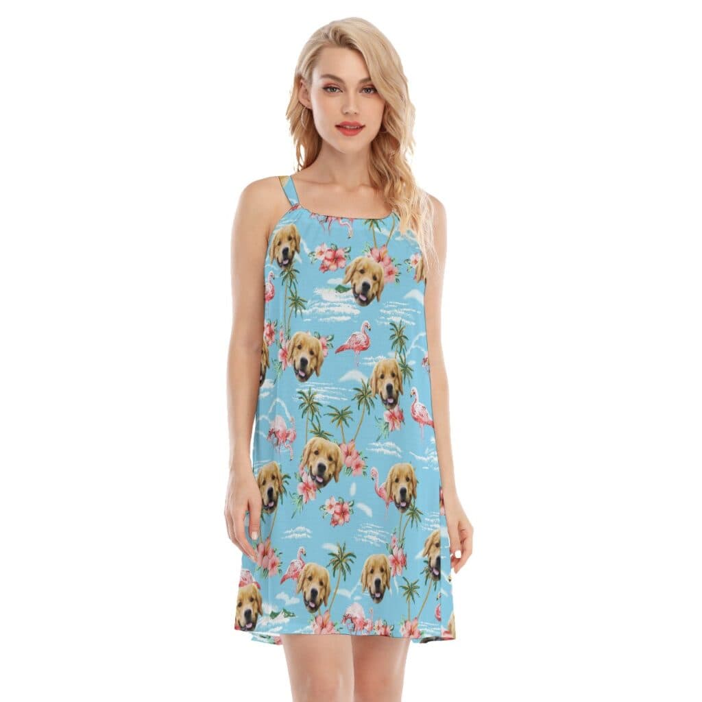 Light Blue Flamingo Cami Dress With Dog Face (1)