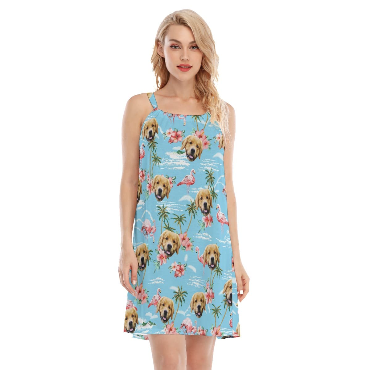 Light Blue Flamingo Cami Dress With Dog Face (1)