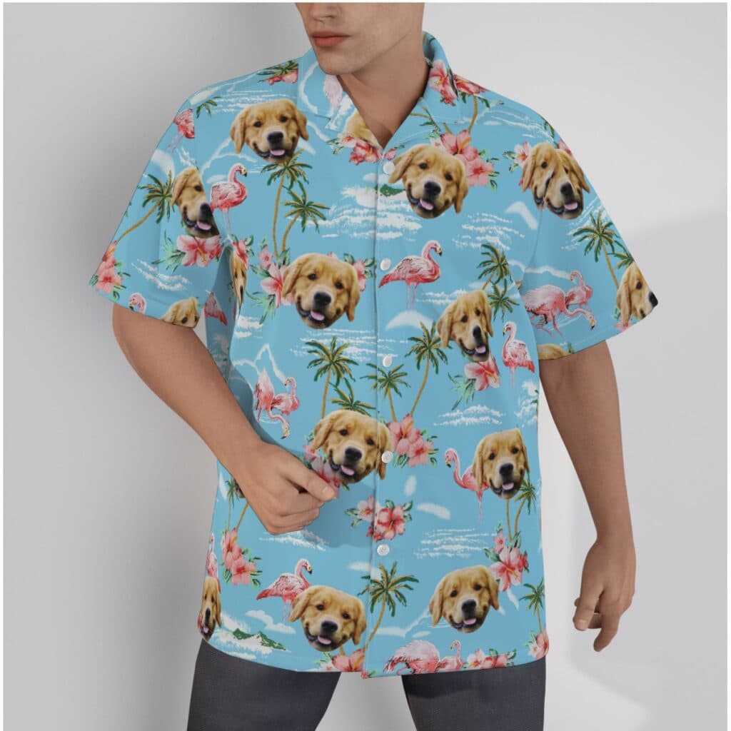 Light Blue Flamingo Men's Hawaiian Shirt With Dog Face (1)