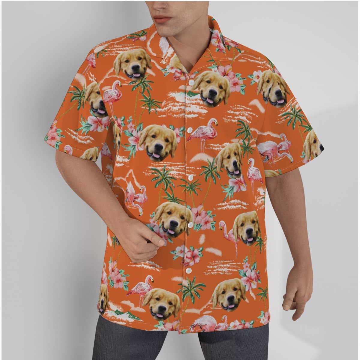 Orange Beach Flamingo Button Up Shirt With Dog Face (1)