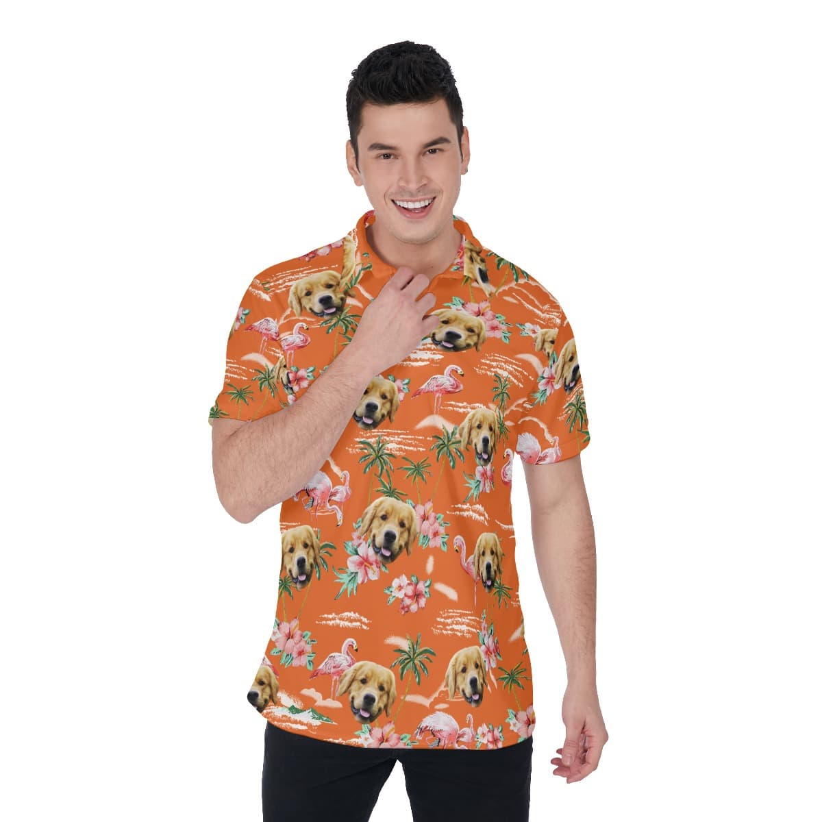 Orange Beach Flamingo Collared Shirt With Dog Face (1)