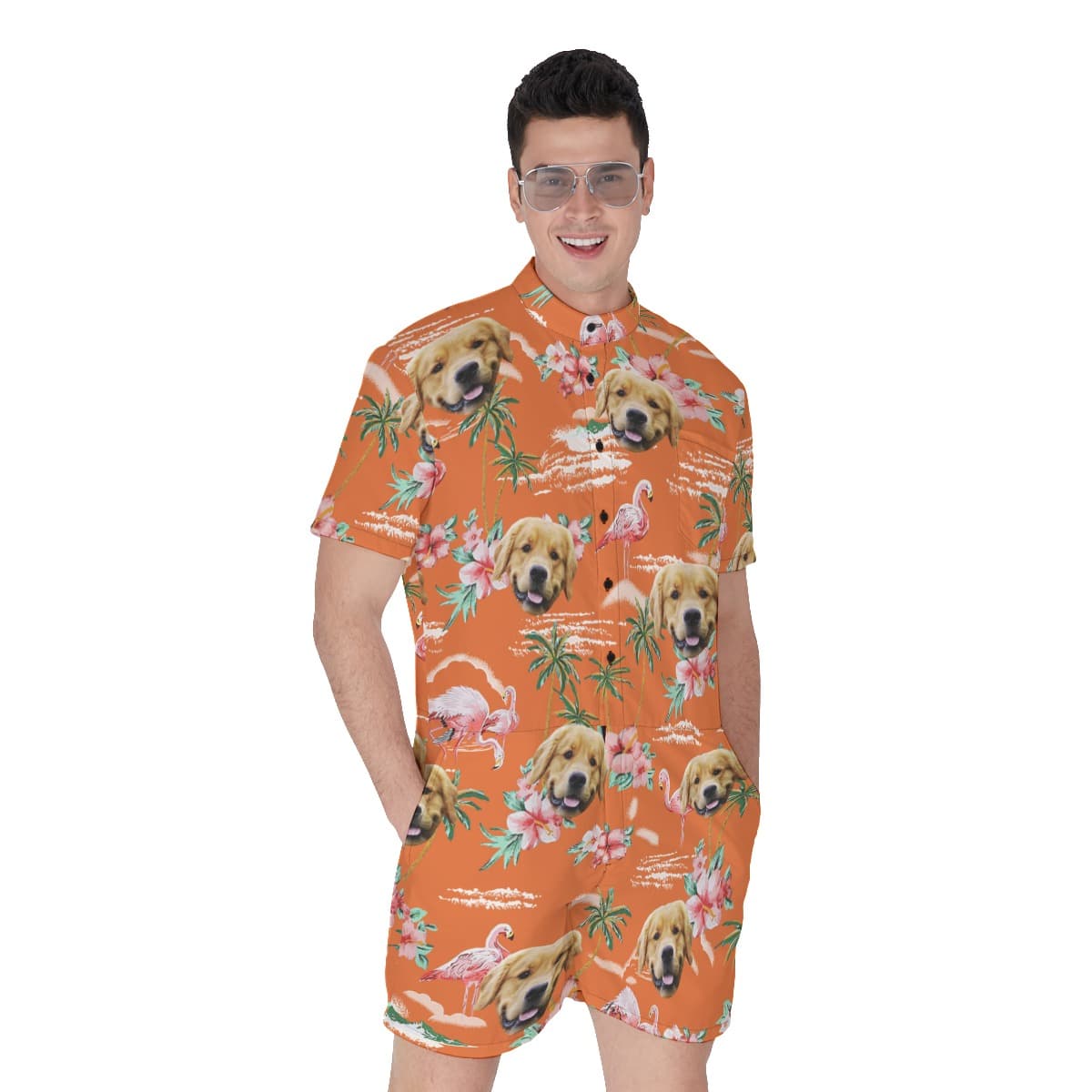 Orange Custom Dog Face Men's Hawaiian Romper (1)