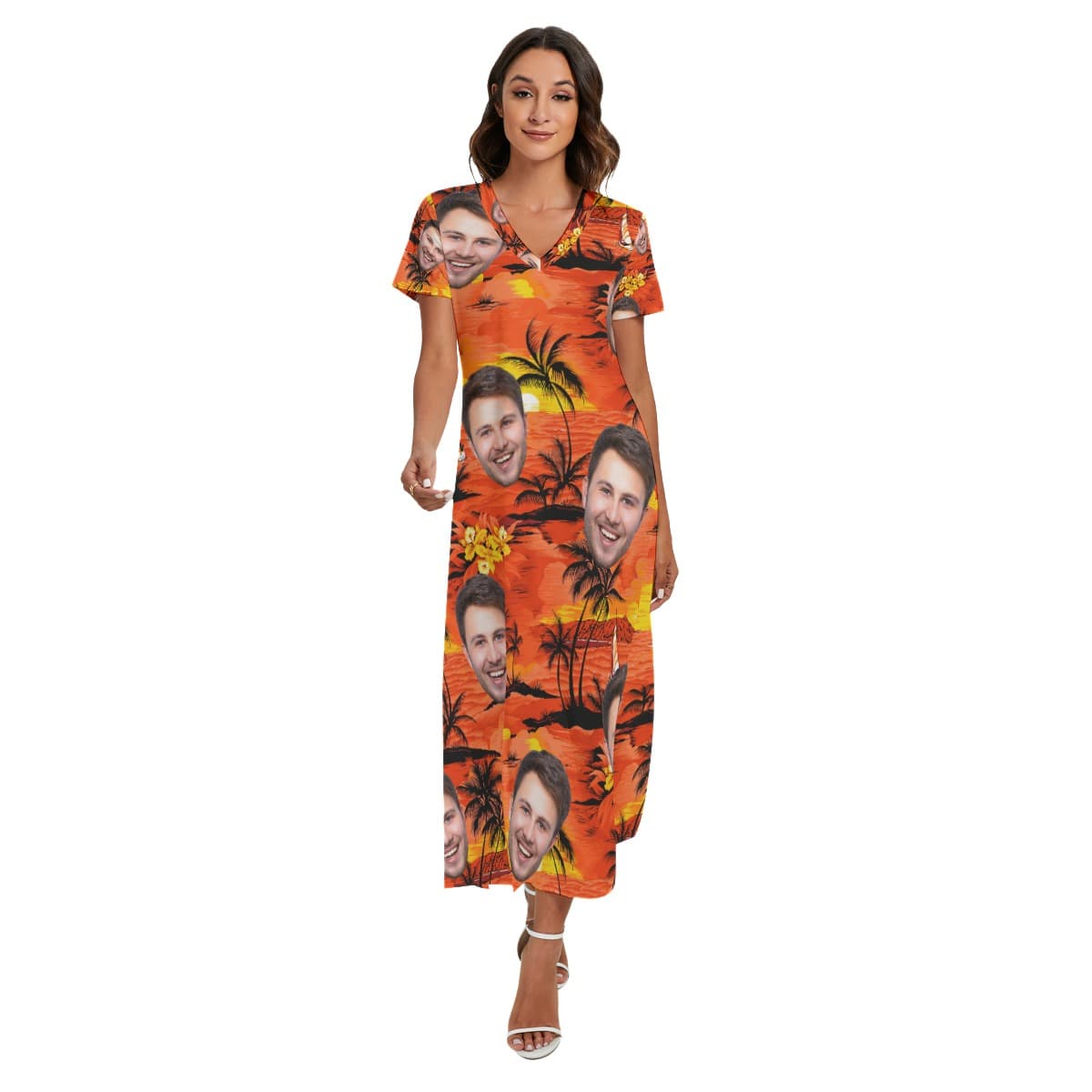 Orange Sunset Beach Custom Face V-Neck Dress (1)