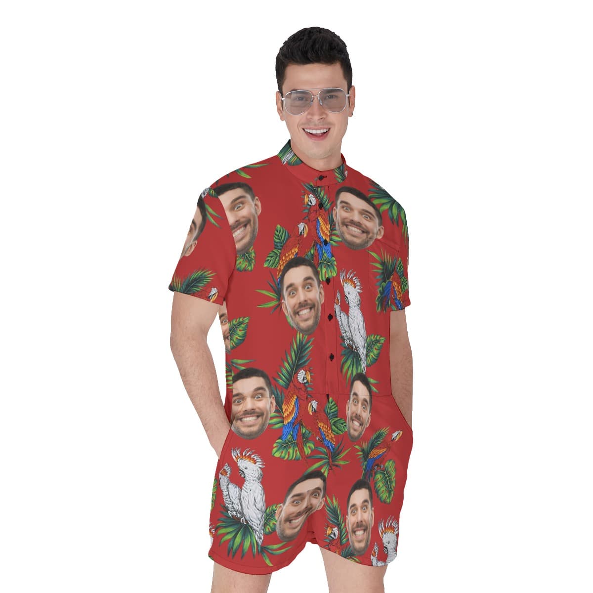 Parrot Red Custom Face Men's Hawaiian Romper (1)