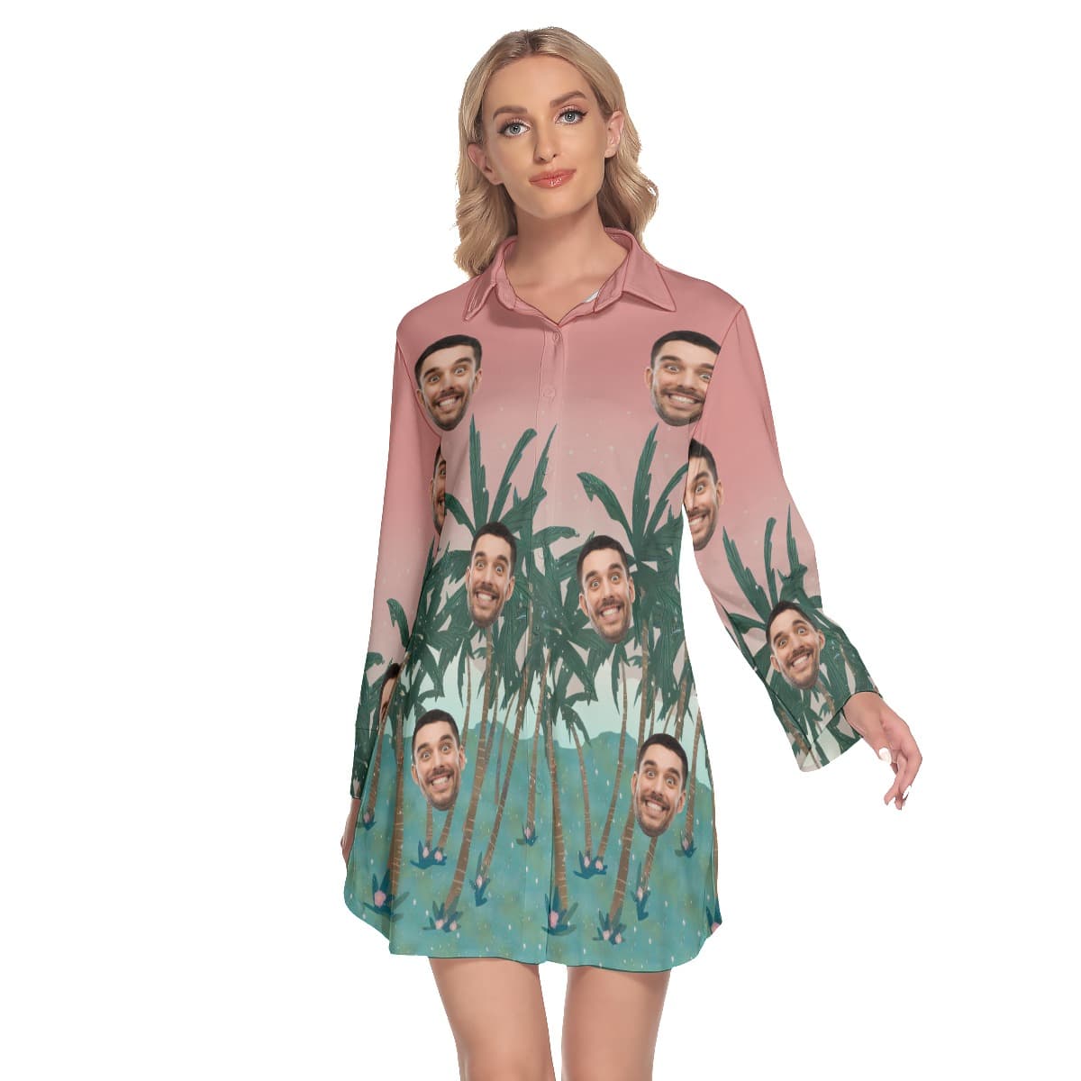 Pink Custom Face Women’s Lapel Dress With Long Sleeve (1)