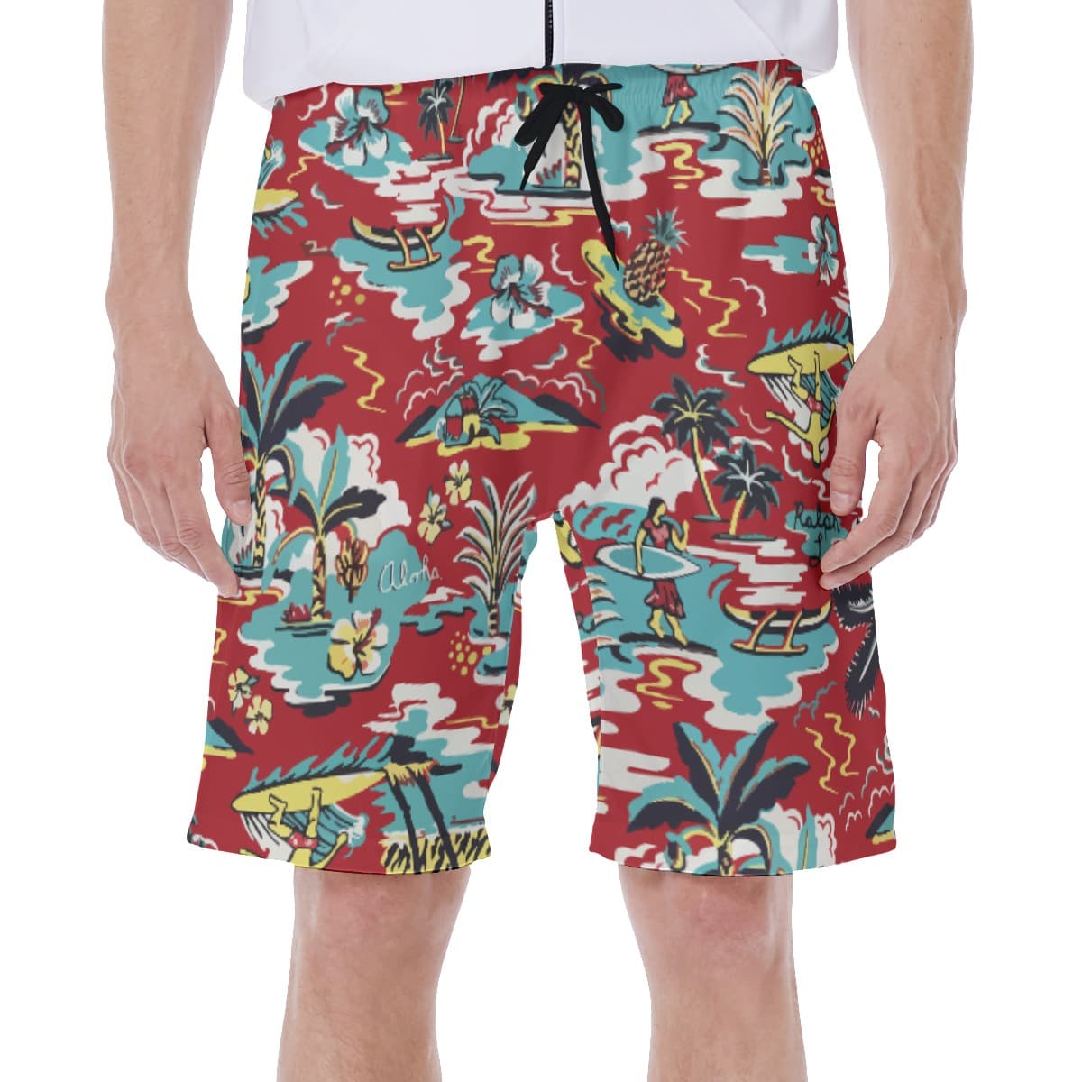 Red Aloha Beach Swim Trunks For Men (3)