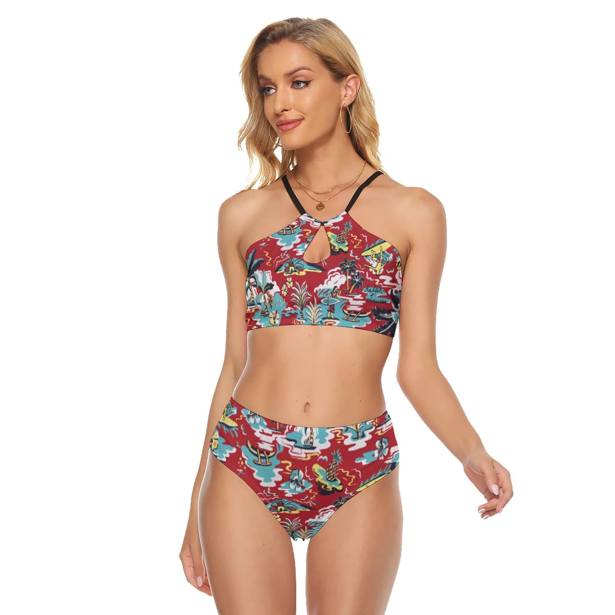 Red Aloha Two Pieces Swimsuit For Women (3)