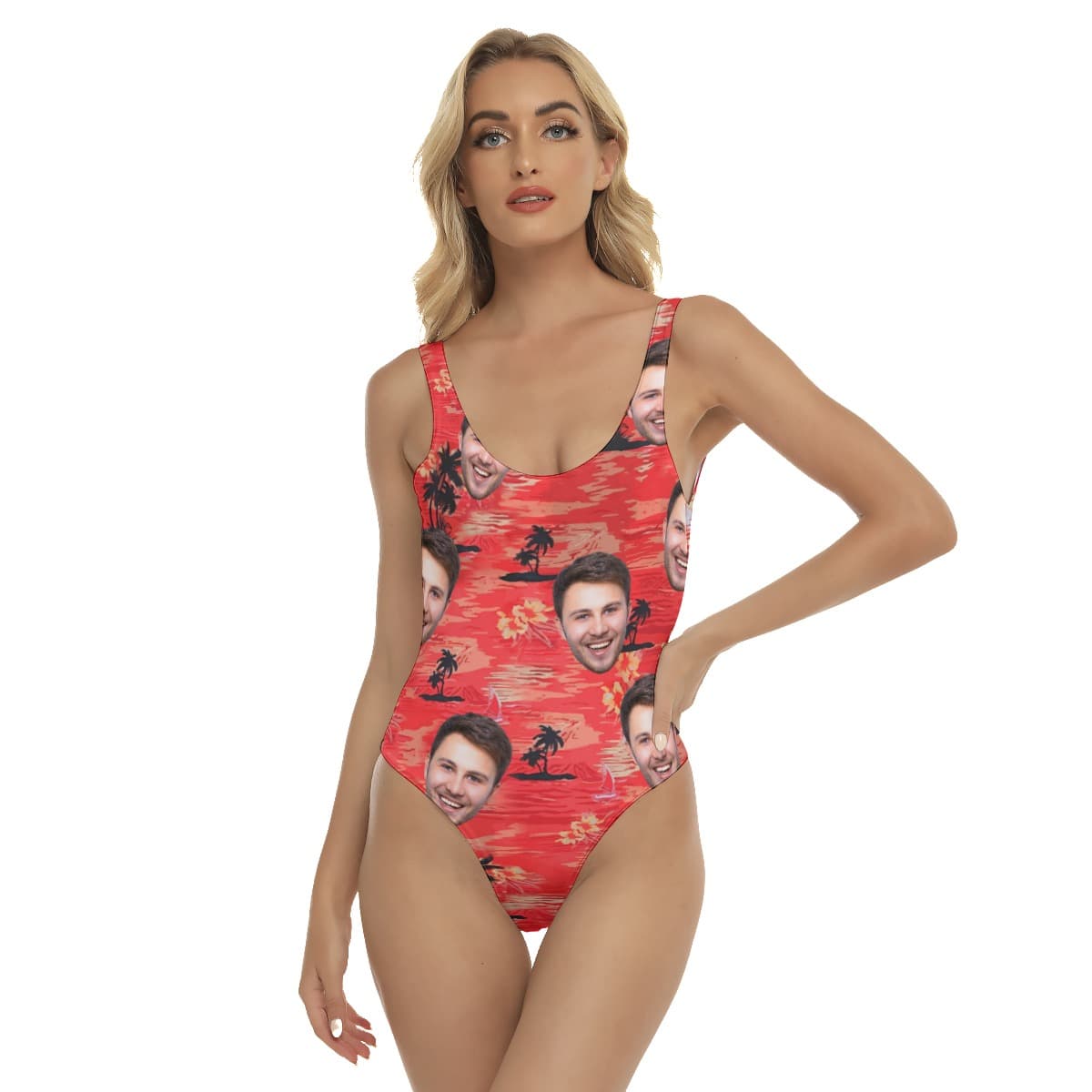 Red Sunset Beach Hawaiian Print Bathing Suits With Custom Face (1)