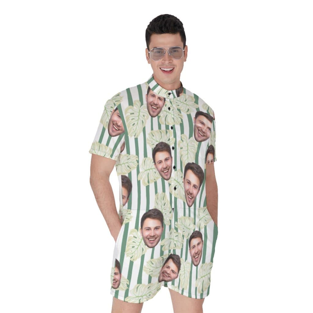 Striped Leaf Men's Hawaiian Romper With Multi Faces (1)